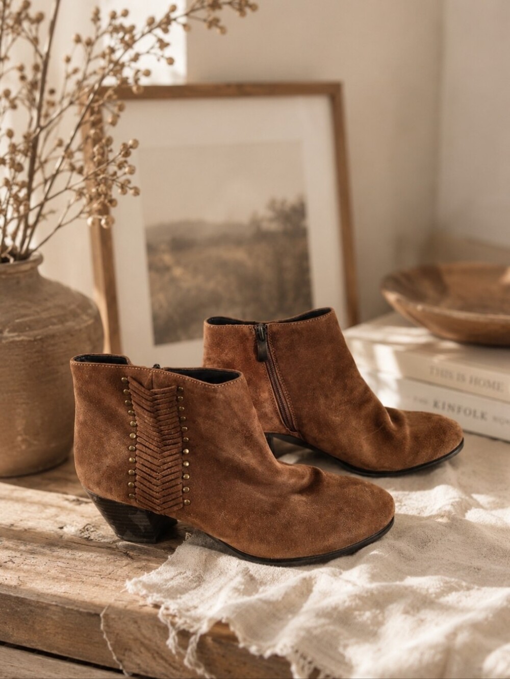 Franco Fortini Chestnut Brown Suede Studded Ankle Booties with Woven Detail